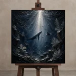 Silver Beam Deep Sea Wall Art Canvas Print displayed on a studio easel