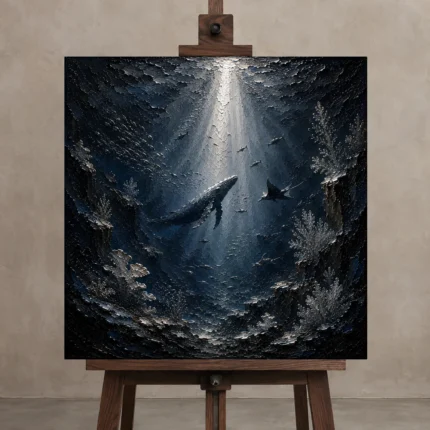 Silver Beam Deep Sea Wall Art Canvas Print displayed on a studio easel