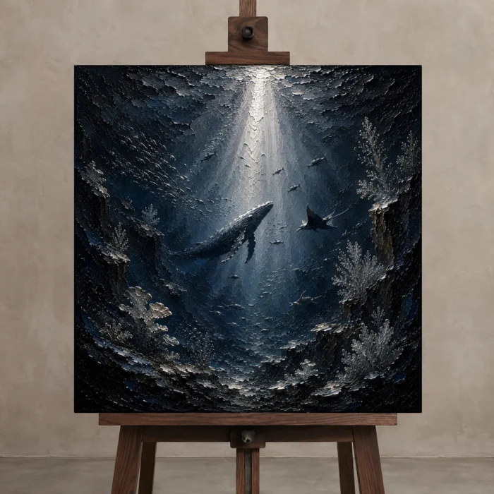 Silver Beam Deep Sea Wall Art Canvas Print displayed on a studio easel