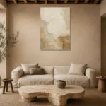 Ivory Textured Plaster Wabi Sabi Wall Art Canvas Print presented in a sophisticated home setting