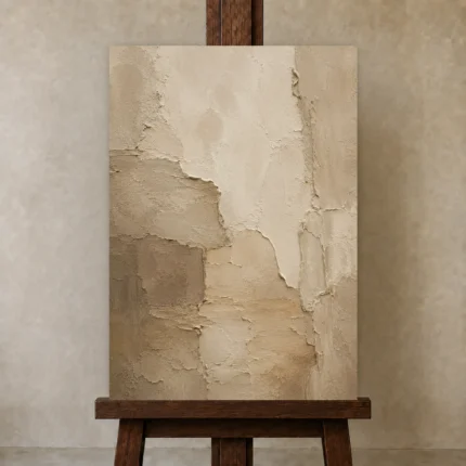 Beige Sculptural Plaster Wabi Sabi Wall Art Canvas Print shown in Studio Easel