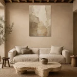 Beige Sculptural Plaster Wabi Sabi Wall Art Canvas Print presented in a sophisticated home setting