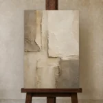 Charcoal Limestone Textured Plaster Wabi Sabi Wall Art Canvas Print displayed on a studio easel