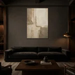 Charcoal Limestone Textured Plaster Wabi Sabi Wall Art Canvas Print shown in a warm modern interior