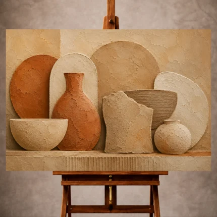 Warm Wabi Sabi Wall Art print featuring organic clay forms and ceramic textures for elegant interiors