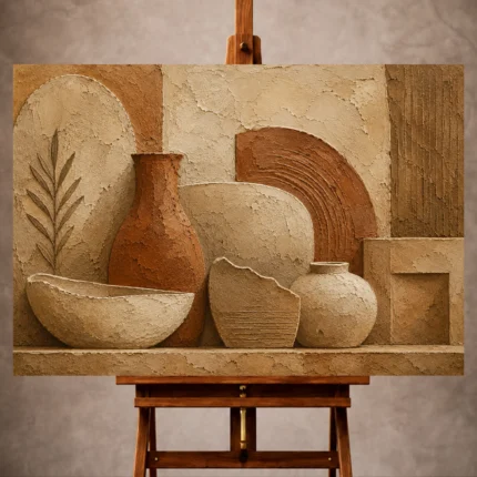 Earthy Wabi Sabi Wall Art print featuring weathered clay walls and ceramic textures for elegant interiors