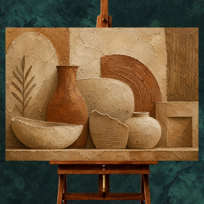 Weathered Clay Terracotta Wabi Sabi Wall Art Canvas Print styled in a refined interior