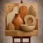 Warm Wabi Sabi Wall Art print featuring organic clay forms and handcrafted ceramic textures for elegant interiors