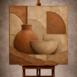 Earthy terracotta Wabi Sabi Wall Art print featuring abstract clay shapes and ceramic textures for elegant interiors