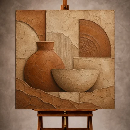 Earthy terracotta Wabi Sabi Wall Art print featuring abstract clay shapes and ceramic textures for elegant interiors