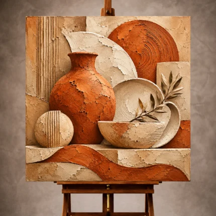 Terracotta Wabi Sabi Wall Art print featuring sculptural clay relief and organic ceramic forms for elegant interiors