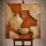 Deep terracotta Wabi Sabi Wall Art print featuring weathered clay textures and ceramic fragments for elegant interiors