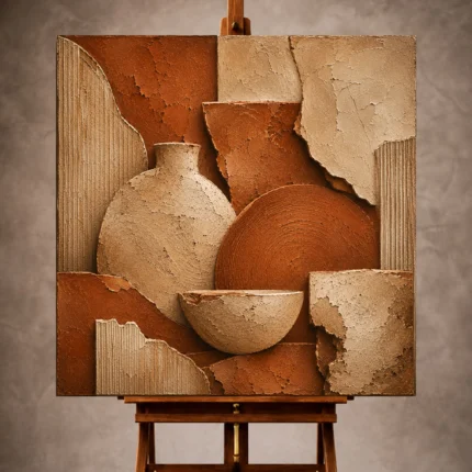 Deep terracotta Wabi Sabi Wall Art print featuring weathered clay textures and ceramic fragments for elegant interiors