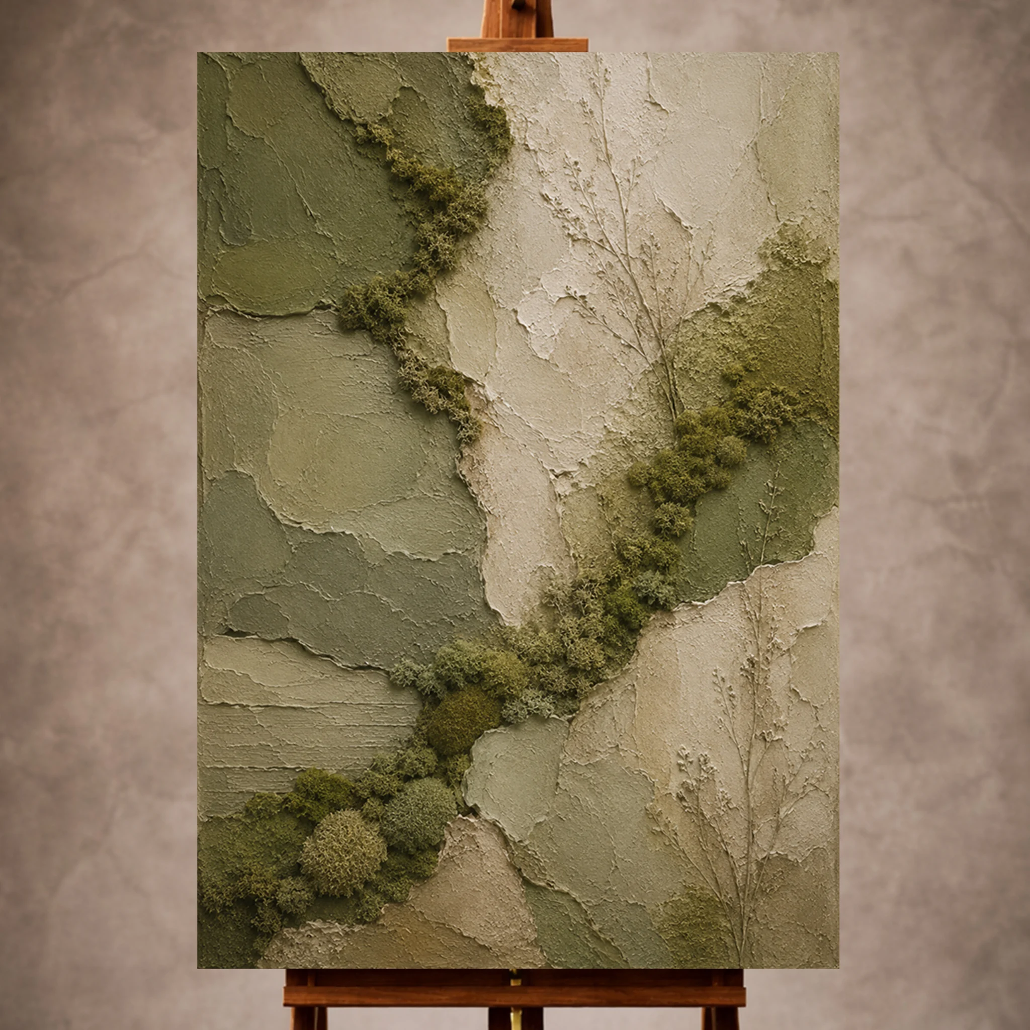Premium Wall Art Dikey Html Edition – WABISABI051 Image 1 Olive Wabi Sabi Wall Art print featuring moss textures and sage botanical surfaces for elegant interiors