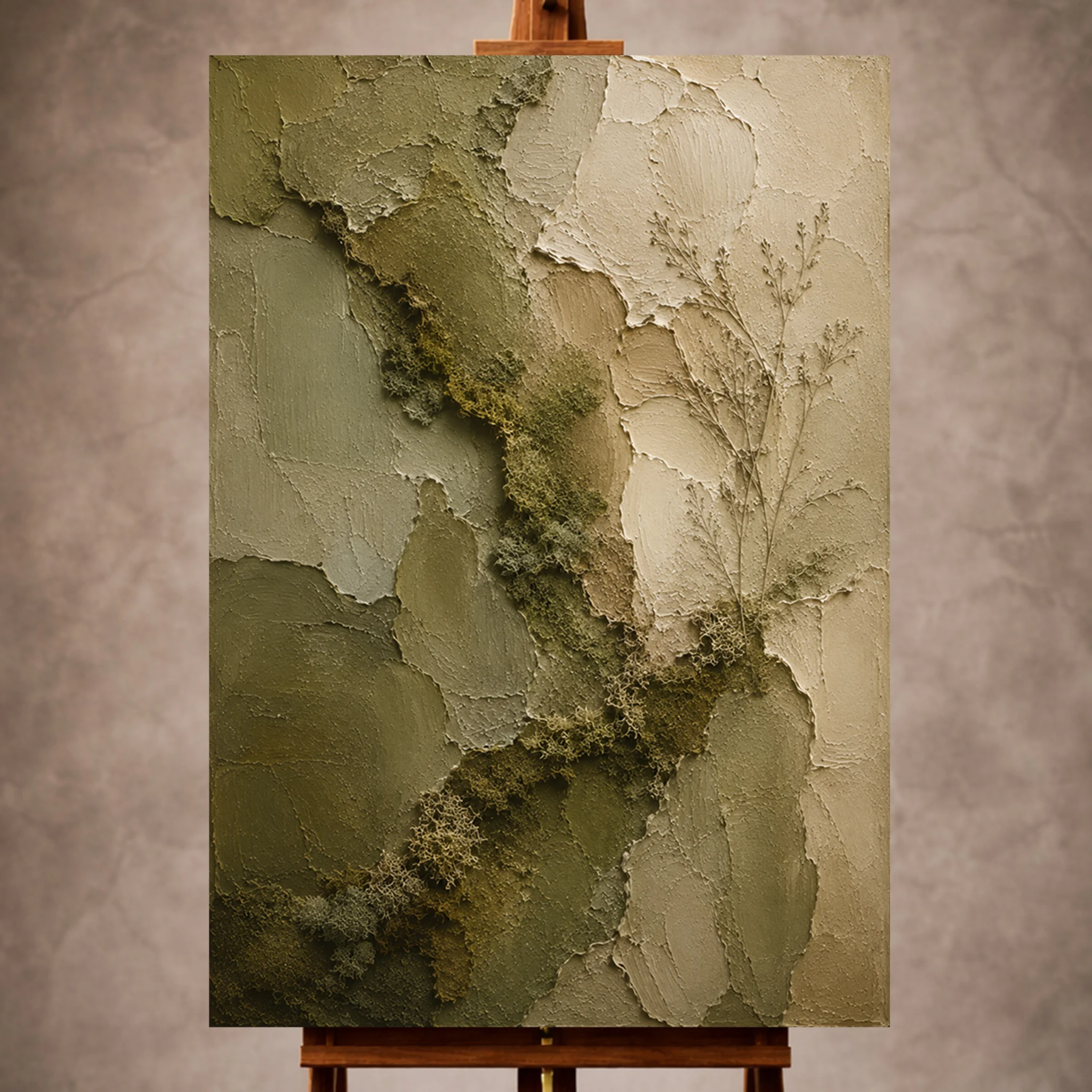 Premium Wall Art Dikey Html Edition – WABISABI052 Image 1 Olive Wabi Sabi Wall Art print featuring layered moss textures and organic forest-inspired forms for elegant interiors