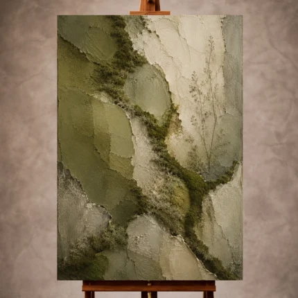Olive Wabi Sabi Wall Art print featuring moss-covered stone forms and mineral textures for elegant interiors
