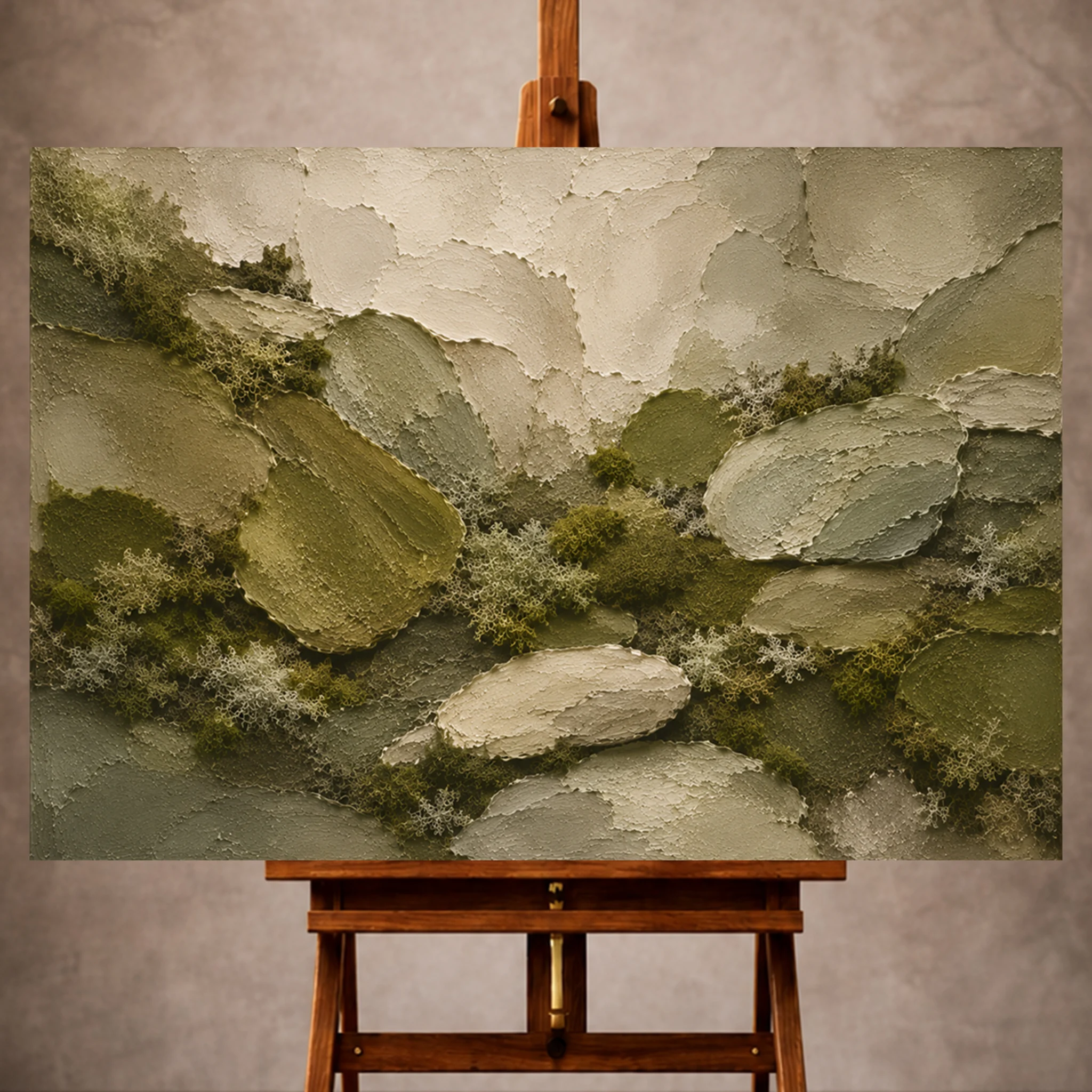 Premium Wall Art Yatay Html Edition – WABISABI058 Image 1 Sage olive Wabi Sabi Wall Art print featuring moss-covered stone textures and organic mineral forms for elegant interiors