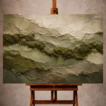 Deep olive Wabi Sabi Wall Art print featuring flowing moss layers and botanical earth formations for elegant interiors