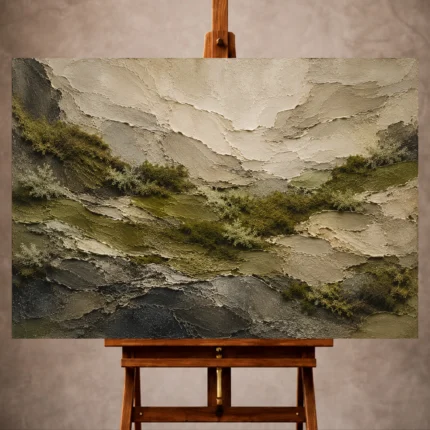 Olive Wabi Sabi Wall Art print featuring woodland moss textures and weathered stone layers for elegant interiors