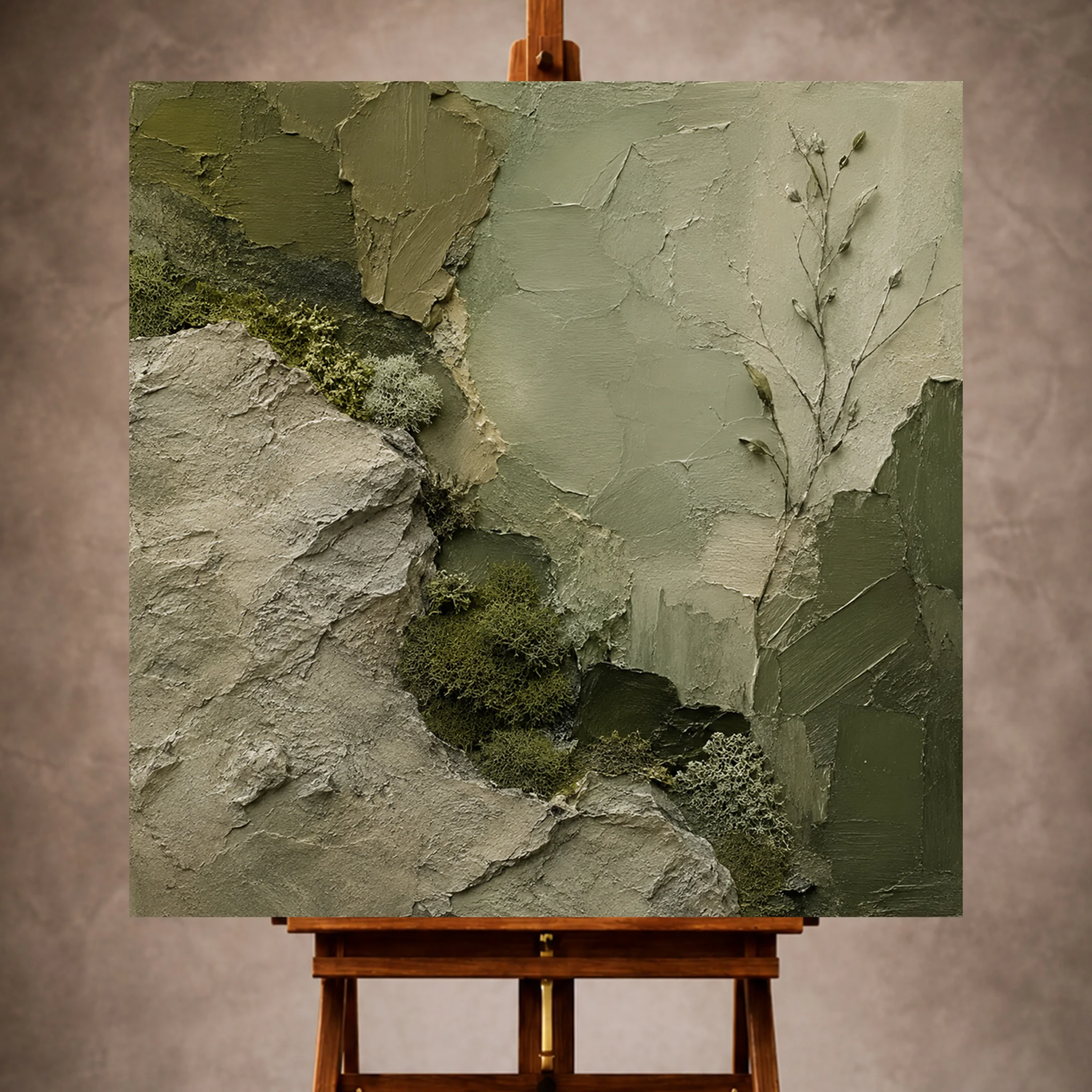 Premium Wall Art Kare Html Edition – WABISABI061 Image 1 Olive Wabi Sabi Wall Art print featuring moss textures and sage stone-inspired surfaces for elegant interiors