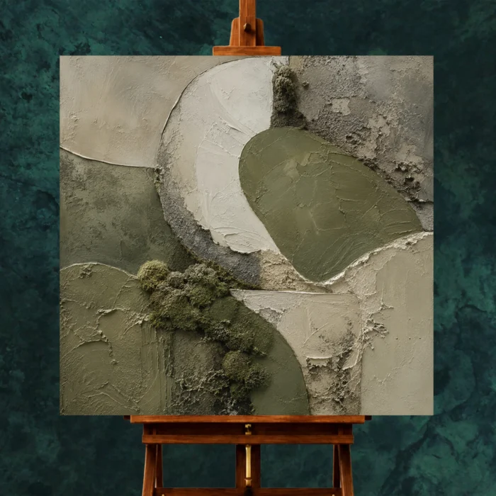 Sage Olive Moss Wabi Sabi Wall Art Canvas Print styled in a refined interior