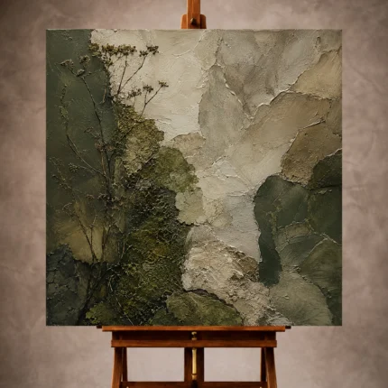 Deep Olive Wabi Sabi Wall Art print featuring moss-like botanical textures and layered natural formations for elegant interiors