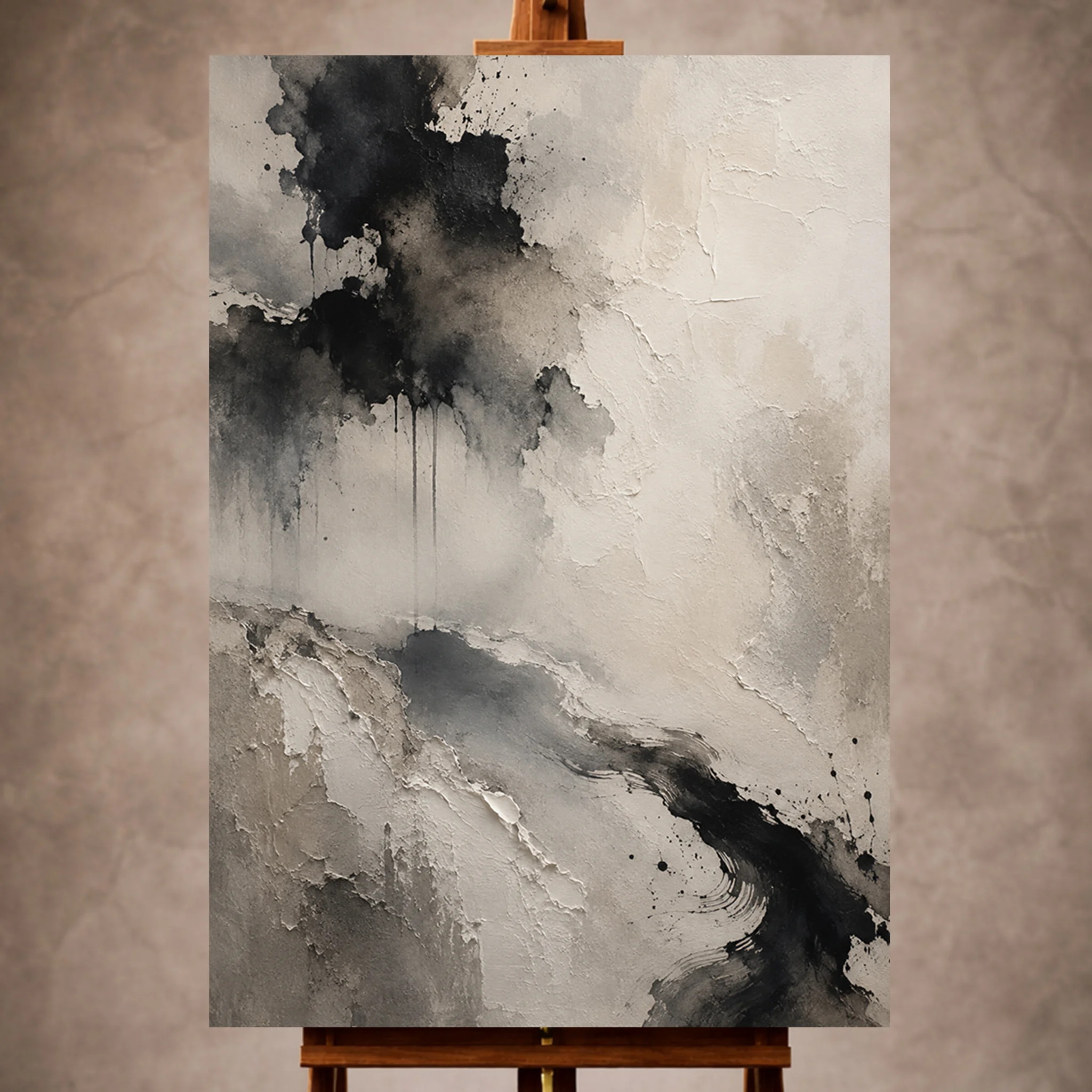Premium Wall Art Dikey Html Edition – WABISABI067 Image 1 Charcoal Wabi Sabi Wall Art print featuring expressive ink washes and tonal gradients for elegant interiors