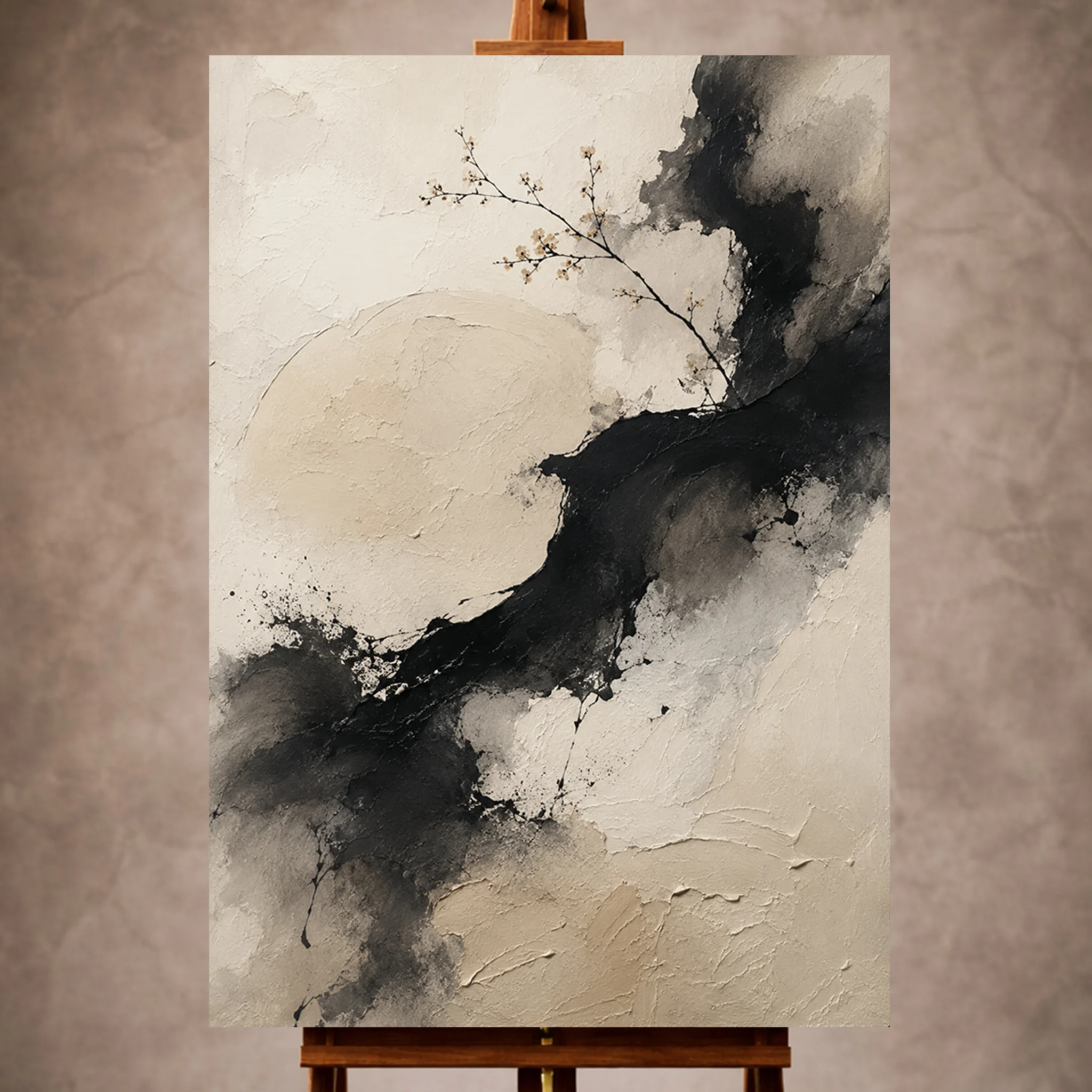 Premium Wall Art Dikey Html Edition – WABISABI068 Image 1 Black Wabi Sabi Wall Art print featuring Japanese ink brush forms and organic asymmetrical textures for elegant interiors