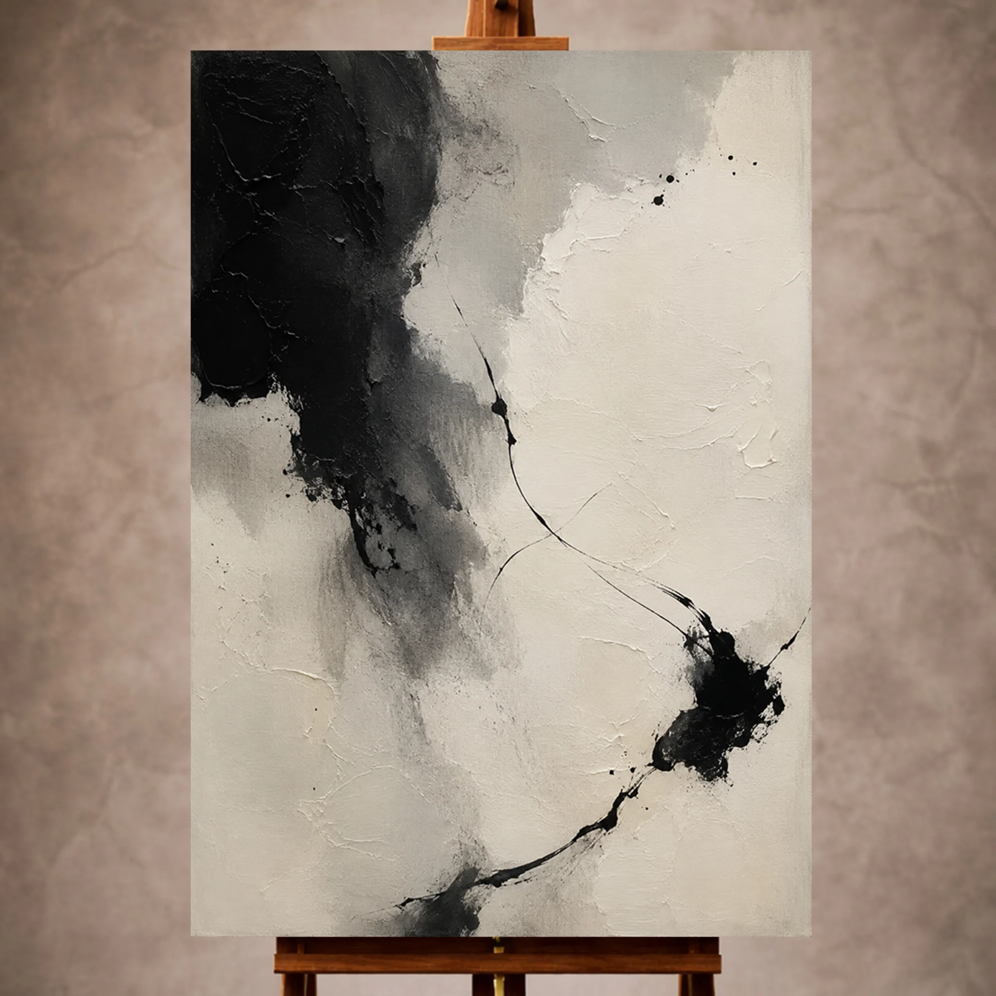 Premium Wall Art Dikey Html Edition – WABISABI069 Image 1 Black Wabi Sabi Wall Art print featuring dramatic ink textures and organic brush marks for elegant interiors
