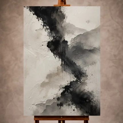 Black Wabi Sabi Wall Art print featuring abstract ink formations and layered textures for elegant interiors