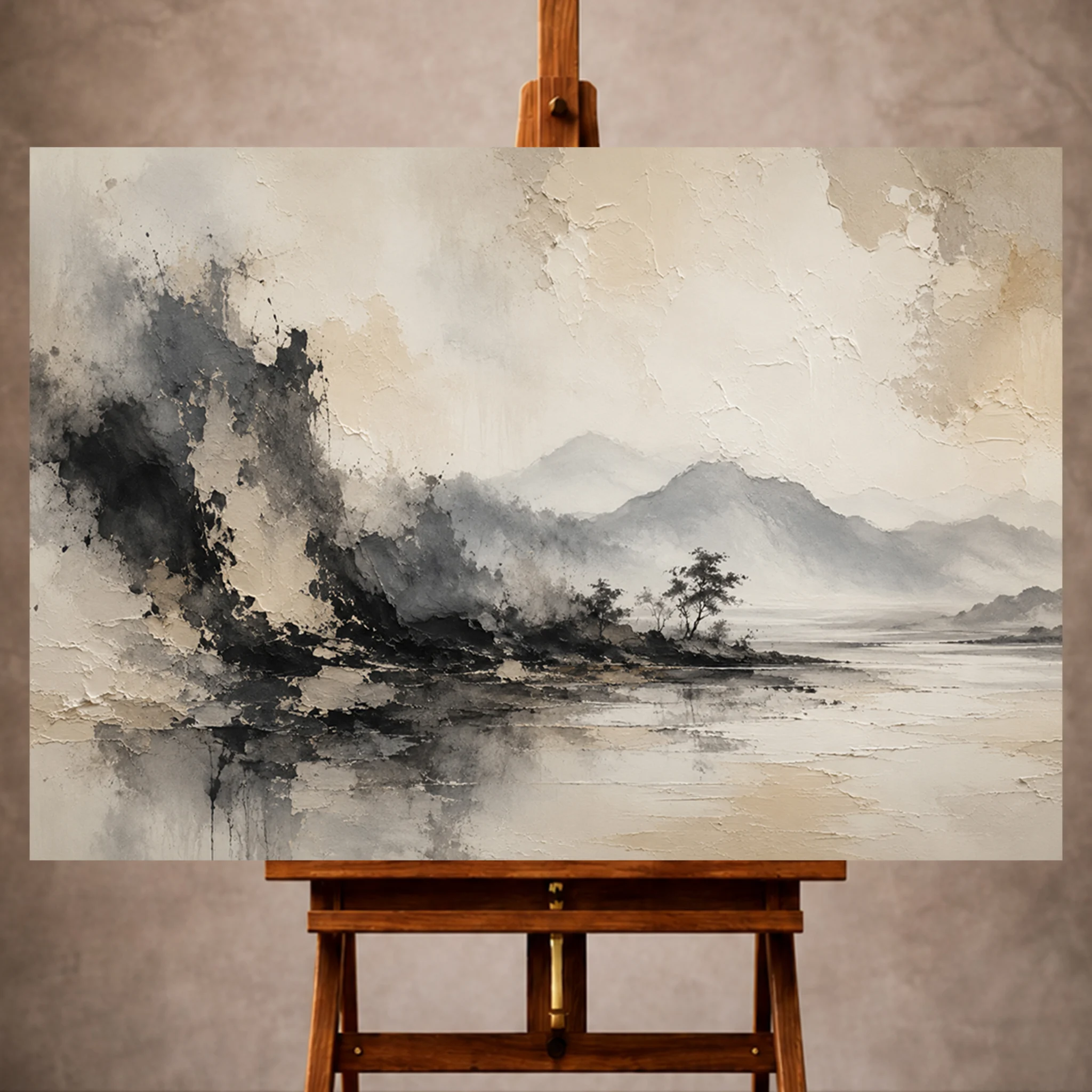 Premium Wall Art Yatay Html Edition – WABISABI072 Image 1 Charcoal Wabi Sabi Wall Art print featuring abstract ink wash landscape and flowing brush marks for elegant interiors