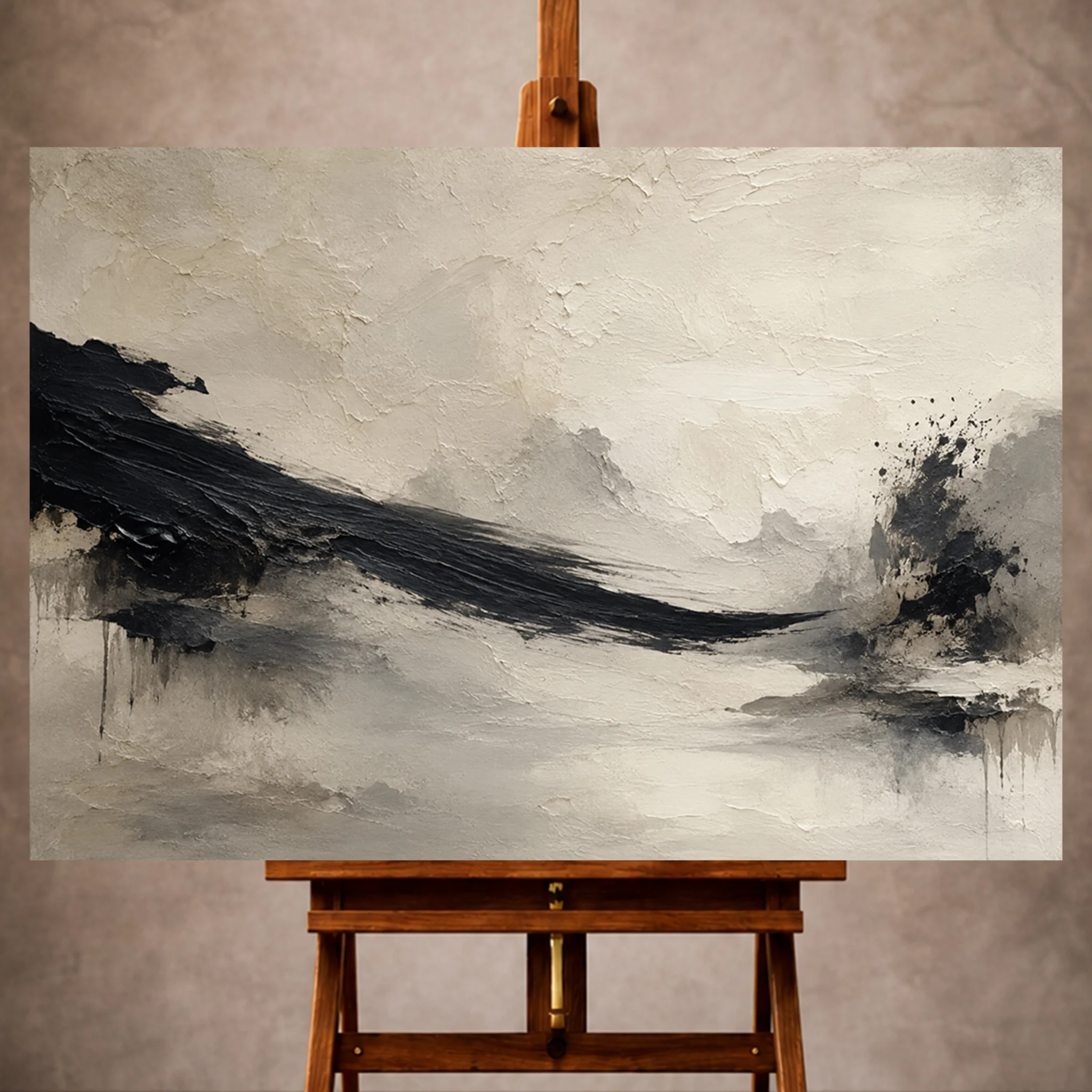 Premium Wall Art Yatay Html Edition – WABISABI075 Image 1 Black Wabi Sabi Wall Art print featuring monochrome ink brush movements and layered textures for elegant interiors