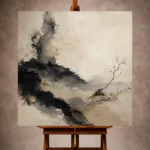 Black Wabi Sabi Wall Art print featuring delicate ink formations and dramatic negative space for elegant interiors