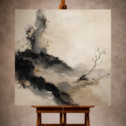 Black Wabi Sabi Wall Art print featuring delicate ink formations and dramatic negative space for elegant interiors