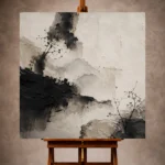 Black Wabi Sabi Wall Art print featuring Japanese ink brush shapes and layered monochrome textures for elegant interiors