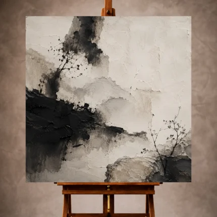 Black Wabi Sabi Wall Art print featuring Japanese ink brush shapes and layered monochrome textures for elegant interiors