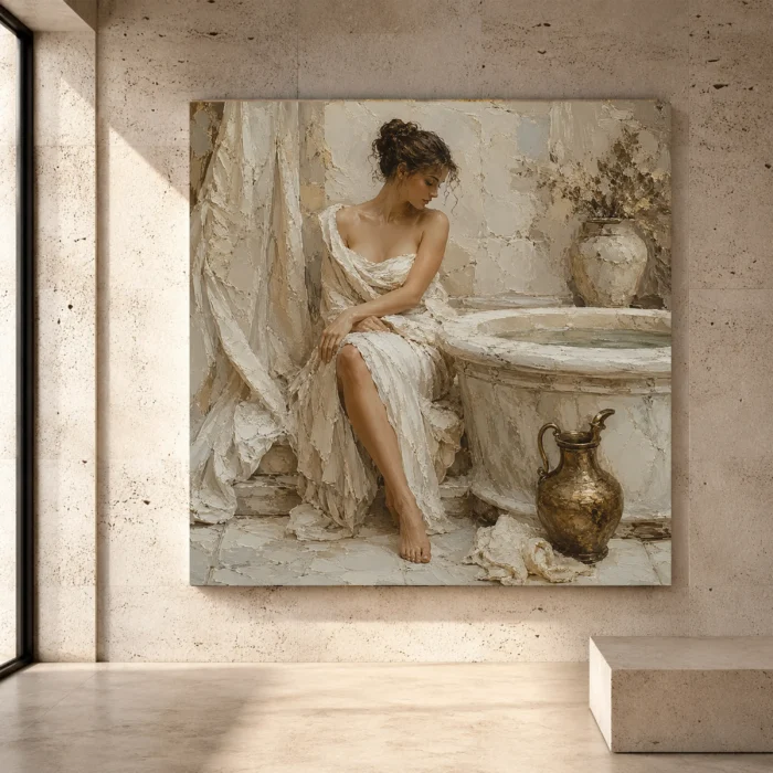Classical Bath Scene wall art featuring sculptural figures, marble details, and soft painterly light