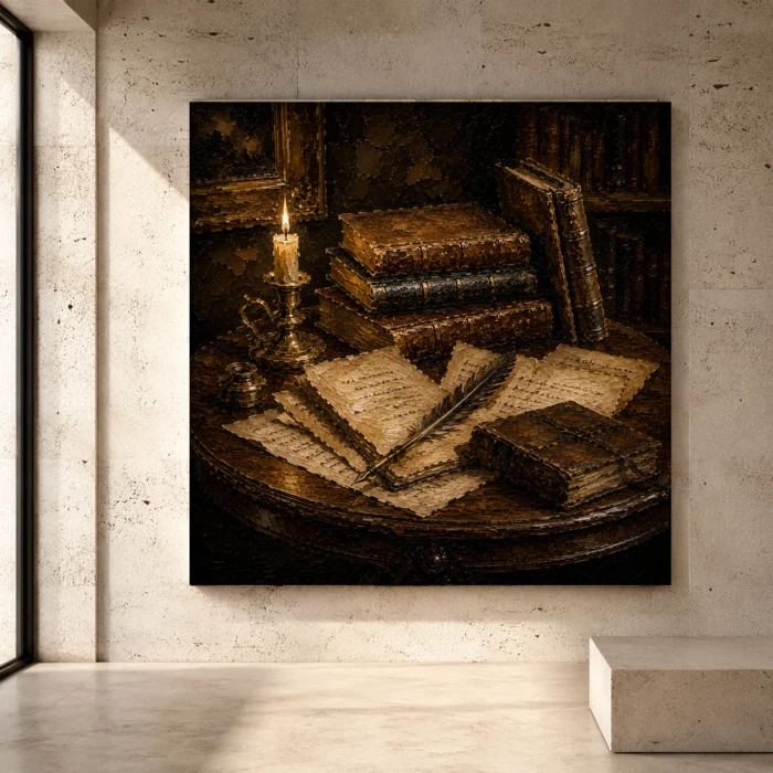 Antique Book Wall Art featuring aged leather-bound books, weathered pages, and a refined scholarly still-life composition