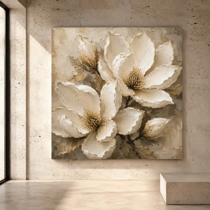 Magnolia Flower Wall Art featuring graceful ivory blossoms, delicate branches, and a refined botanical composition for elegant interiors