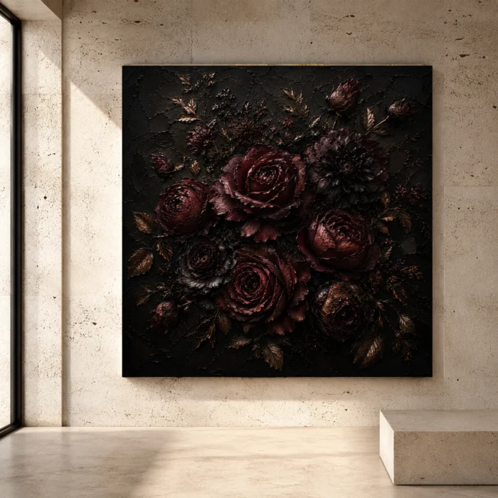 Dark Floral Wall Art featuring moody blooms, rich burgundy petals, and a dramatic botanical composition against a deep shadowed background