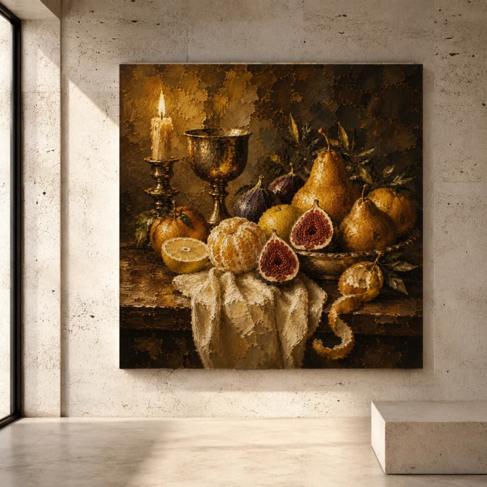 Fruit Still Life Wall Art featuring a refined arrangement of harvest fruit in a timeless painterly composition for elegant kitchen or dining room decor