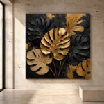 Golden Monstera Botanical Black & Gold Wall Art Canvas Print - Image 3