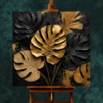 Golden Monstera Botanical Black & Gold Wall Art Canvas Print - Image 2