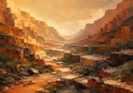 Clay and moss abstract landscape artwork print featuring a dramatic terraced canyon with warm earthy tones for elegant interiors