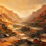 Clay and moss abstract landscape artwork print featuring a dramatic terraced canyon with warm earthy tones for elegant interiors