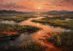 Clay & Moss abstract landscape artwork print featuring a tranquil wetland with winding reflective water and earthy panoramic tones for elegant interiors
