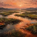 Clay & Moss abstract landscape artwork print featuring a tranquil wetland with winding reflective water and earthy panoramic tones for elegant interiors