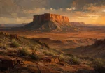 Clay & Moss abstract landscape artwork print featuring a sunlit desert plateau with layered escarpments and warm earthy tones for elegant interiors