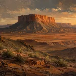 Clay & Moss abstract landscape artwork print featuring a sunlit desert plateau with layered escarpments and warm earthy tones for elegant interiors