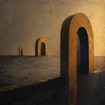 Espresso Gallery abstract art minimal print featuring three ochre architectural arches with geometric balance and sophisticated neutral tones for elegant interiors